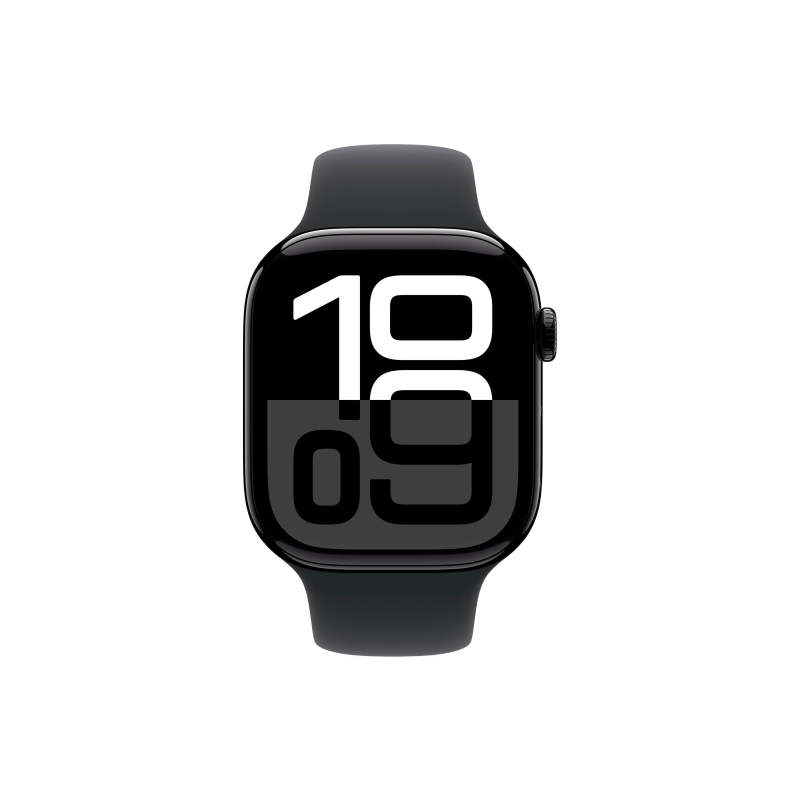 Apple Watch Series 10, 46 мм, корпус из алюминия цвета «чёрный глянец», спортивный ремешок, размер S/M