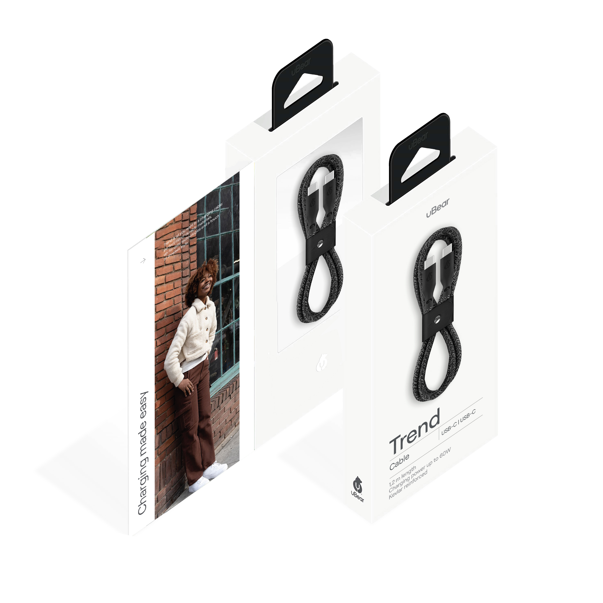 На фото изображено Зарядный кабель uBear Trend, USB-C/USB-С, 1,2м, чёрный