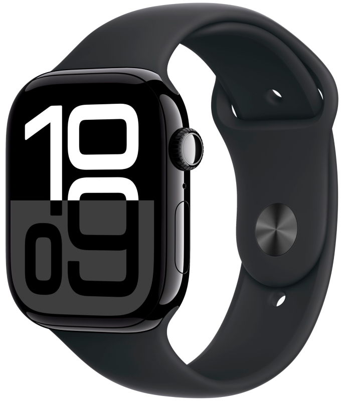 Apple Watch Series 10, 46 мм, корпус из алюминия цвета «чёрный глянец», спортивный ремешок, размер S/M