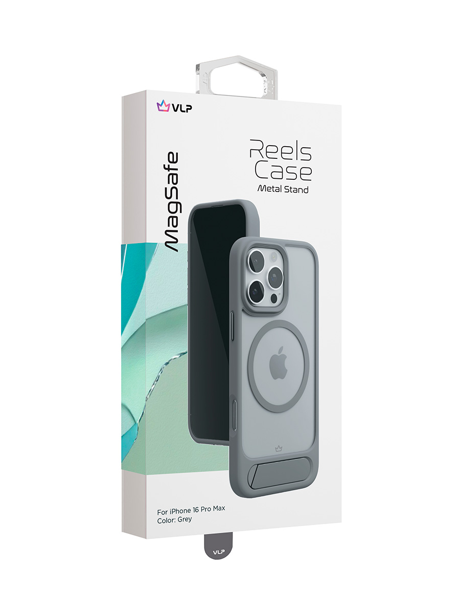 На фото изображено Чехол защитный VLP Reels Case с MagSafe для iPhone 16 Pro Max, серый
