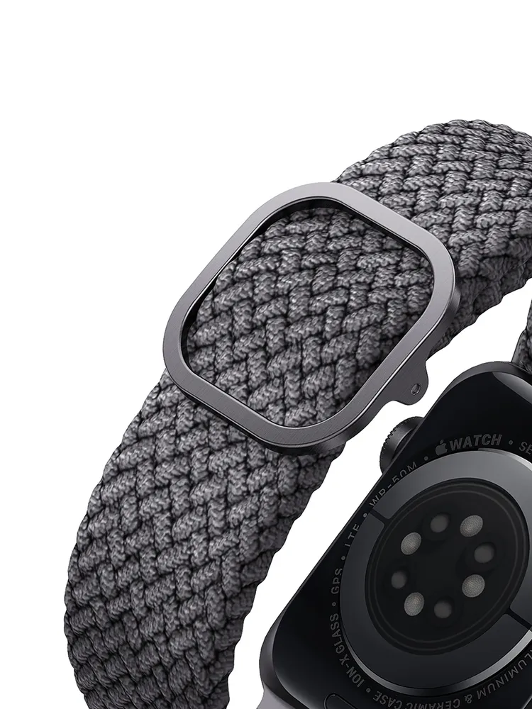 На фото изображено Ремешок текстильный плетёный Uniq для Apple Watch 38/40/41/42, серый