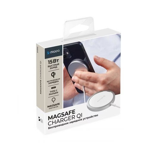 На фото изображено Беспроводное зарядное устройство MagSafe Charger Qi 15Вт, белый, серебристый