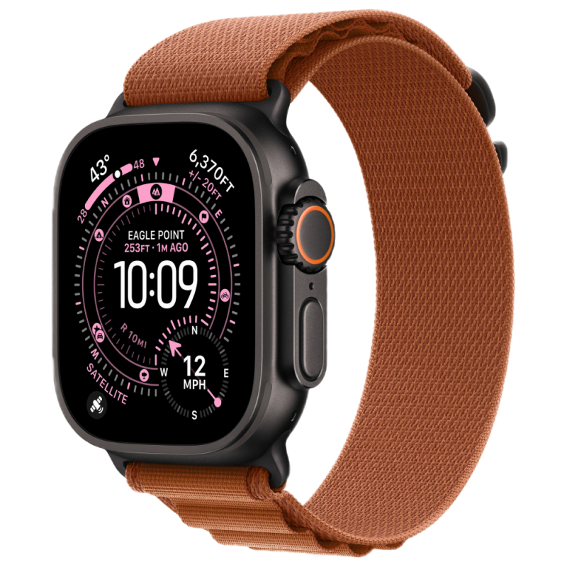Фото Apple Watch Ultra 3 GPS + Cellular, 49 мм, корпус из чёрного титана, ремешок Alpine, цвет терракотовый, L На фото изображено Apple Watch Ultra 3 GPS + Cellular, 49 мм, корпус из чёрного титана, ремешок Alpine, цвет терракотовый, L