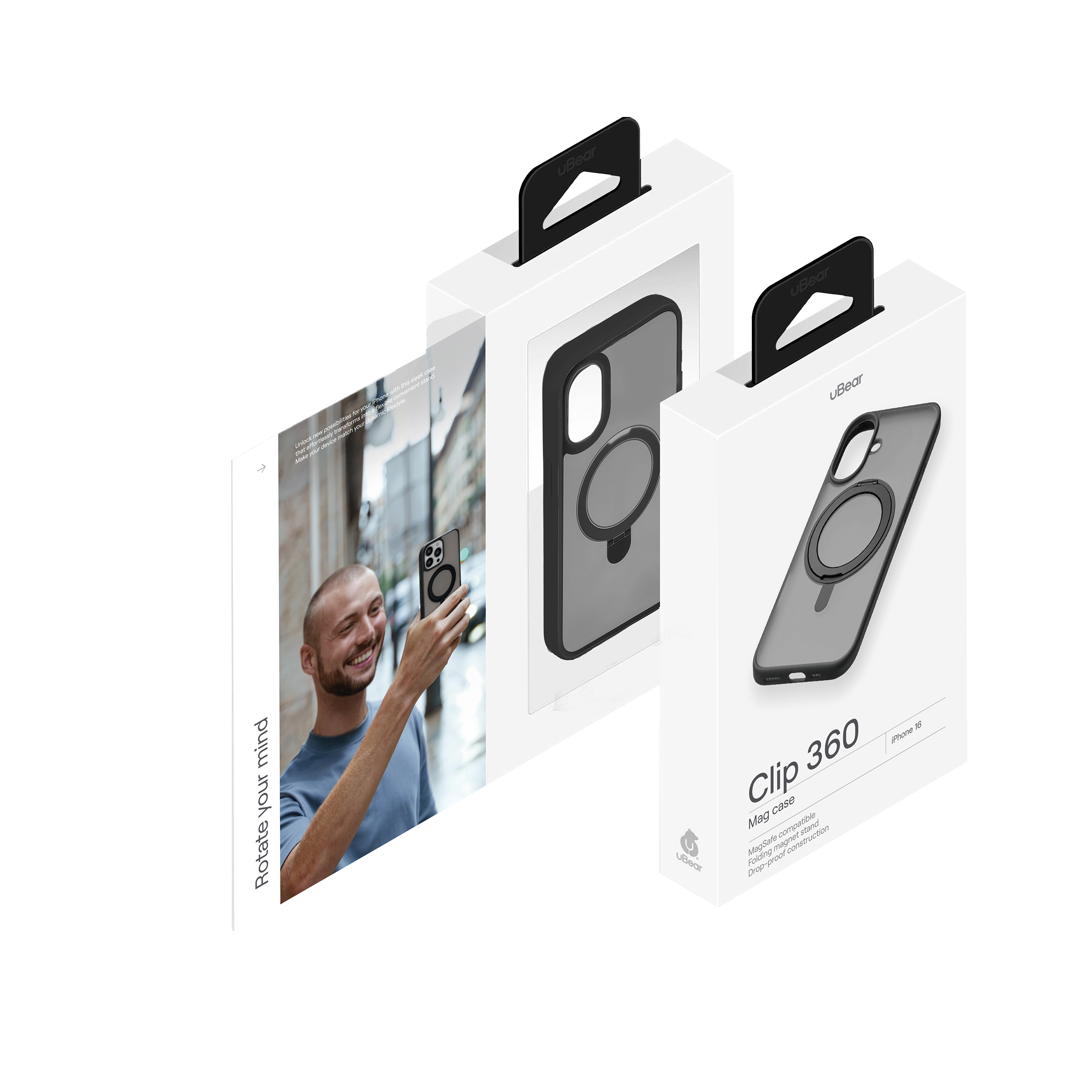 На фото изображено Чехол защитный uBear Clip 360 Mag Case для iPhone 16, с магнитной подставкой, черный