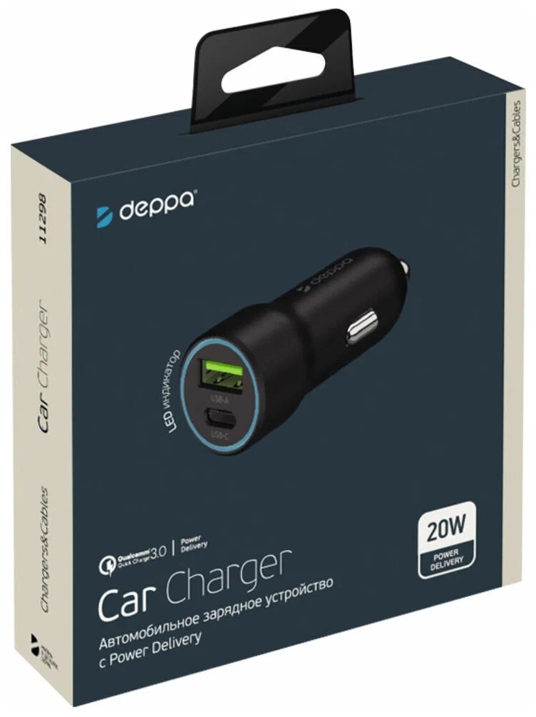 Автомобильное зарядное устройство Deppa USB-C+USB A, черный