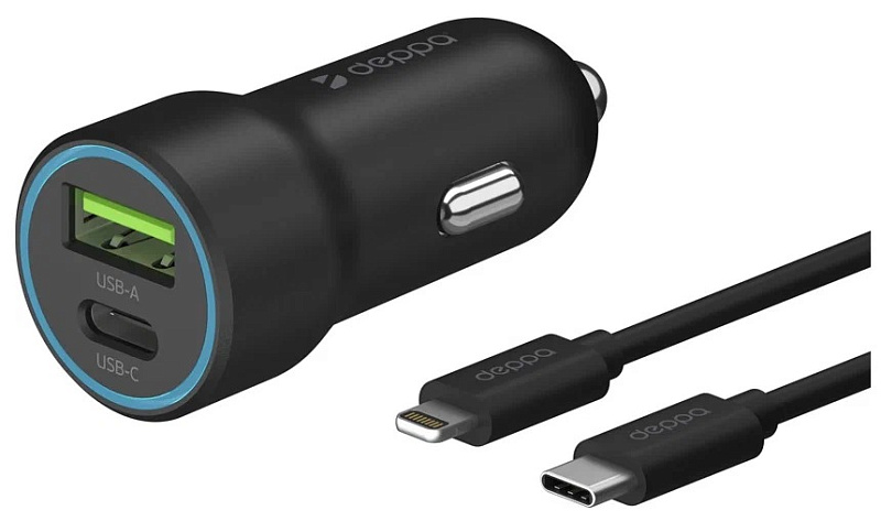 Автомобильное зарядное устройство Deppa USB-C+USB-A, 20 Вт, черный